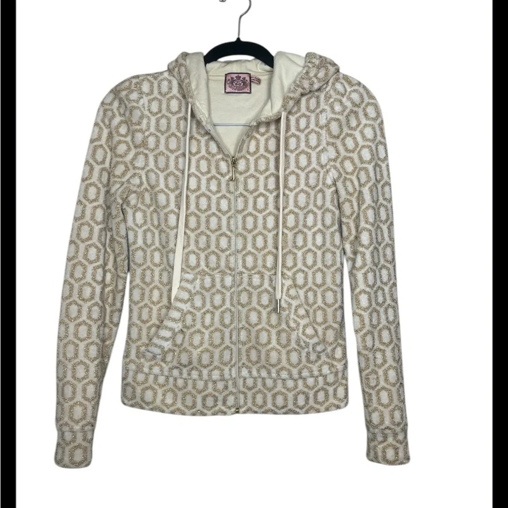 Y2K Juicy Couture Geometric Gold & Beige Terry Cloth Hoodie size S